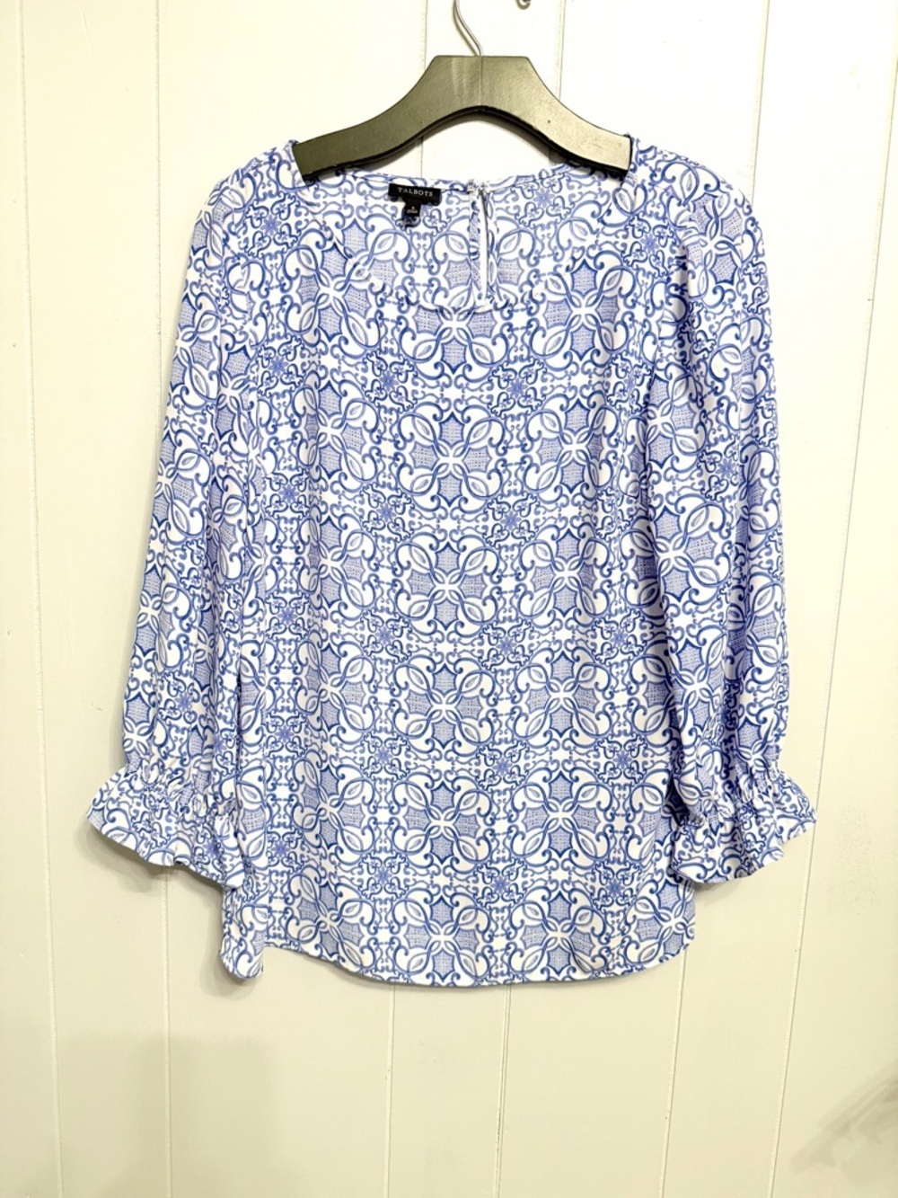 Talbots White and Blue Geometric Print Peasant Top
